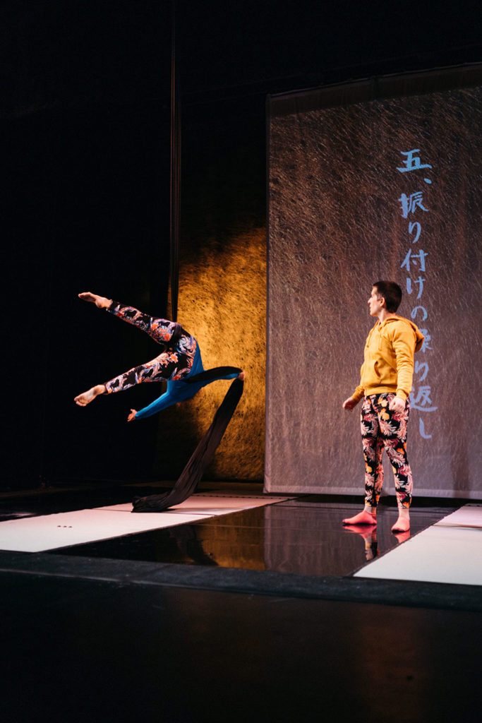A wide portrait shot of a white woman in blue mid-fall from aerial silks while a white woman in yellow watches