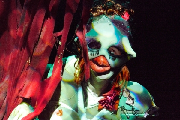 A close up shot of woman in a burlesque costume wearing a mask.  It has large eyes with painted on eyelashes and hugely inflated red lips.