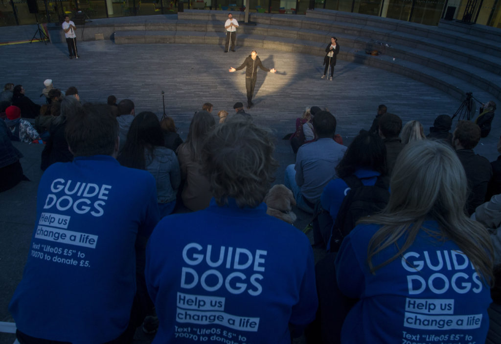 3 Guide Dogs volunteers (blue and white t-shirts in the foreground) sit at the top of the Scoop audience watching Extant's performance