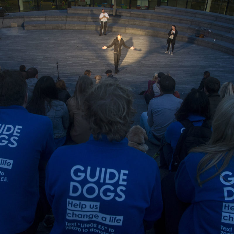 3 Guide Dogs volunteers (blue and white t-shirts in the foreground) sit at the top of the Scoop audience watching Extant's performance