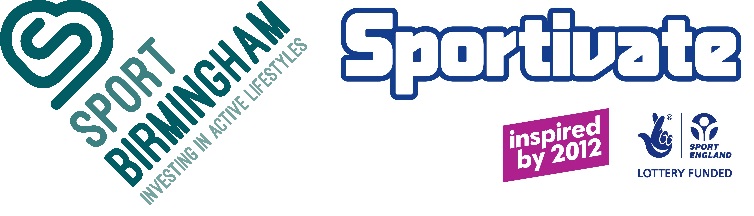 Sportivate logo including Sport Birmingham, Inspired by 2012, Lottery funding and Sport England flashes