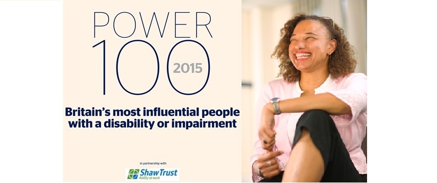 The cover of the Disability Power 100 report next to a picture of Maria Oshodi smiling
