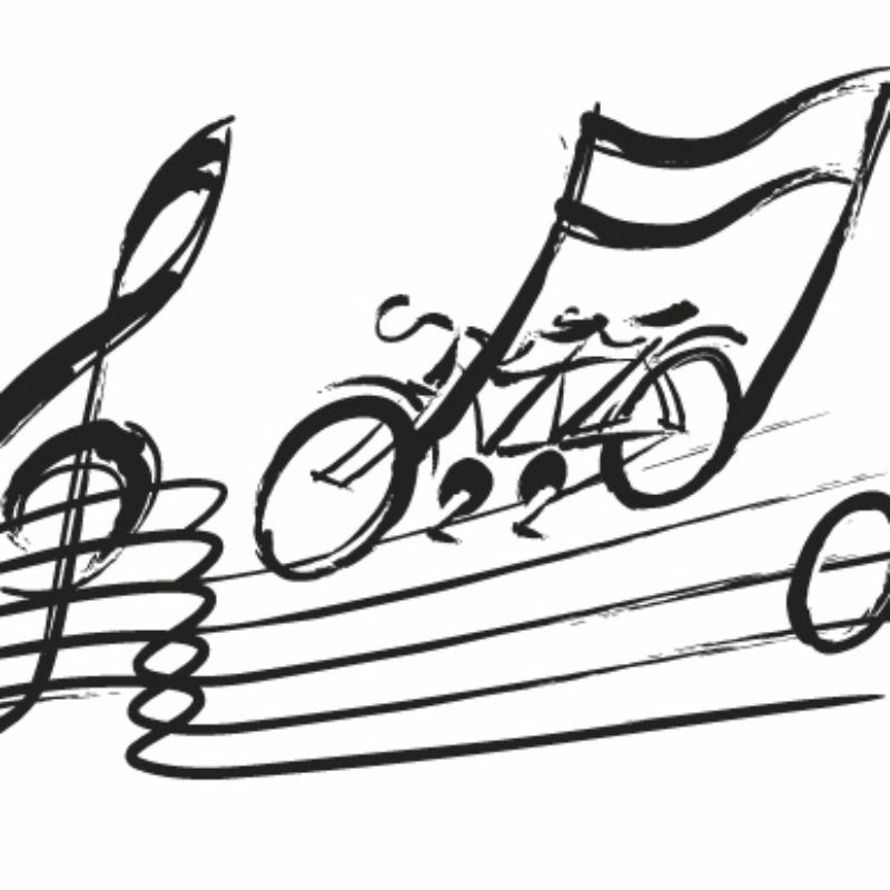 Illustrated logo for Tandemonium – a tandem rides along a musical score