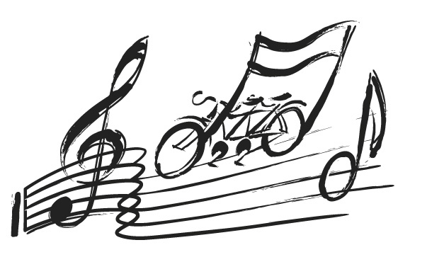 Illustrated logo for Tandemonium – a tandem rides along a musical score