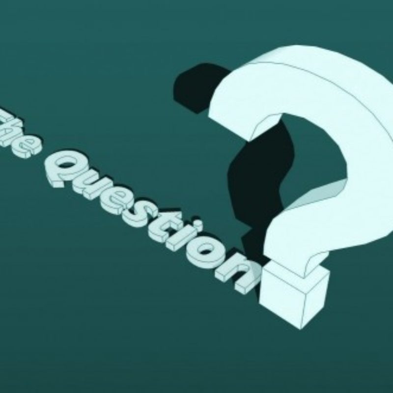Screengrab from video title sequence showing 3D-rendered question mark on a dark green background. Film about R&D project