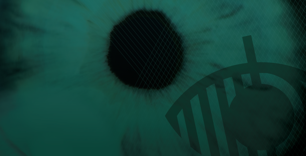 A zoomed in image of an eye, showing the black of the pupil and the surrounding tissue. The image is washed with an eerie deep green.