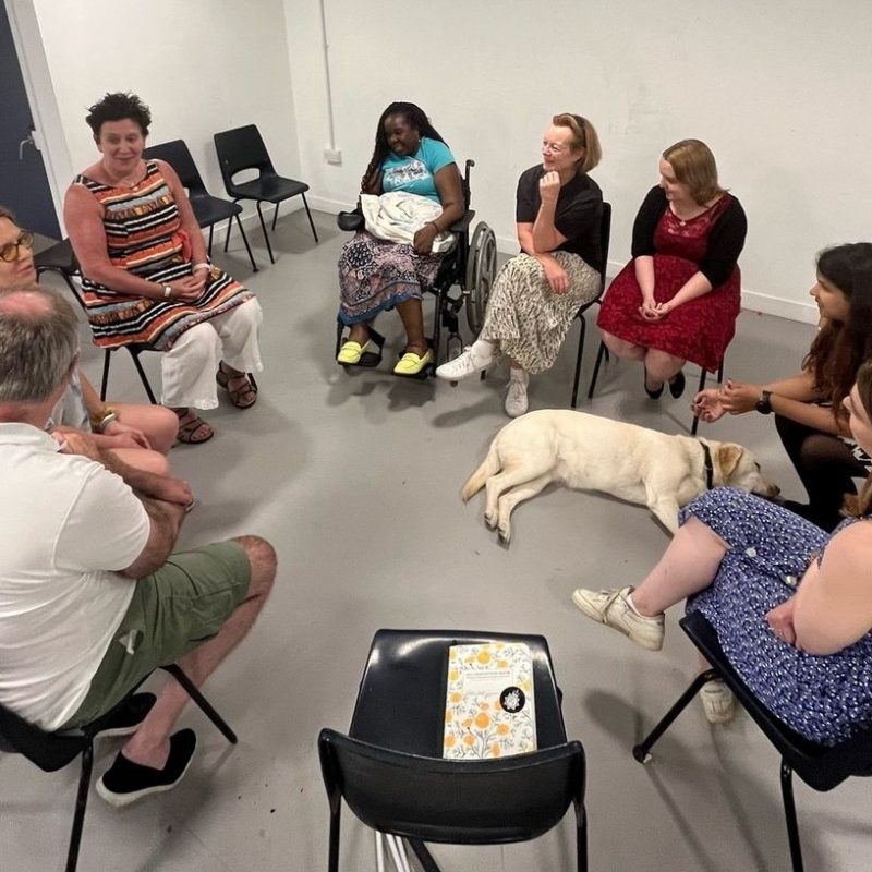 Eight No Dramas attendees sit in chairs in a circle, talking and smiling in the basement of The Camden People’s Theatre. They are a diverse group of people, wearing casual clothing. There is one man and seven women with one attendee in a wheelchair. A guide dog lies on the floor in the middle of the circle. The room is bare and brightly lit with a grey floor and white walls.