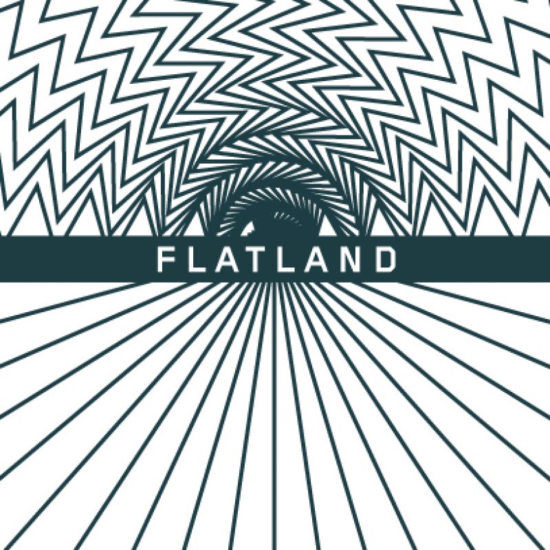 A burst of black lines come towards us originating from the word "Flatland" in the centre of the image. Above, a series of black and white zig zags form a dome shape.