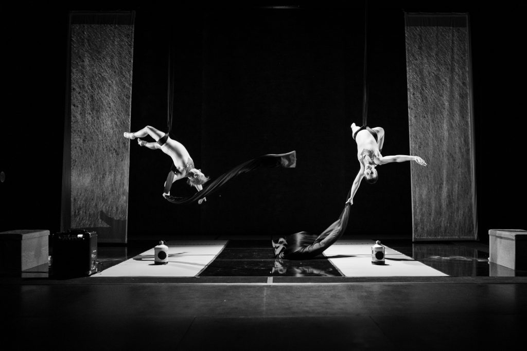 A black and white wide landscape shot of two white women on aerial silks mid-fall