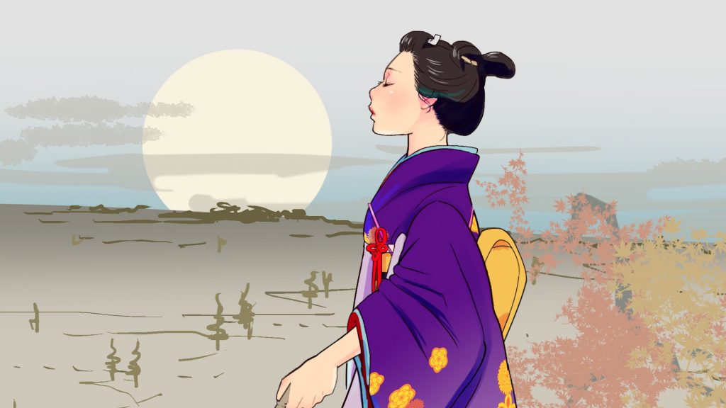 A digitally animated drawing of a blind Japanese woman walking in an open landscape in close up. She is in side profile, wearing a purple and light blue kimono patterned with orange flowers. The background is shaded in muted browns, and a pale yellow sun looms in the horizon.