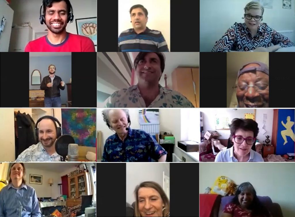 A composite image of twelve screen grabs from a Zoom meeting, in a three by four rectangular grid formation. Each screenshot contains a close-up profile of an individual Eye Say Eye Say Eye Say comedian in their respective homes, smiling towards the camera.