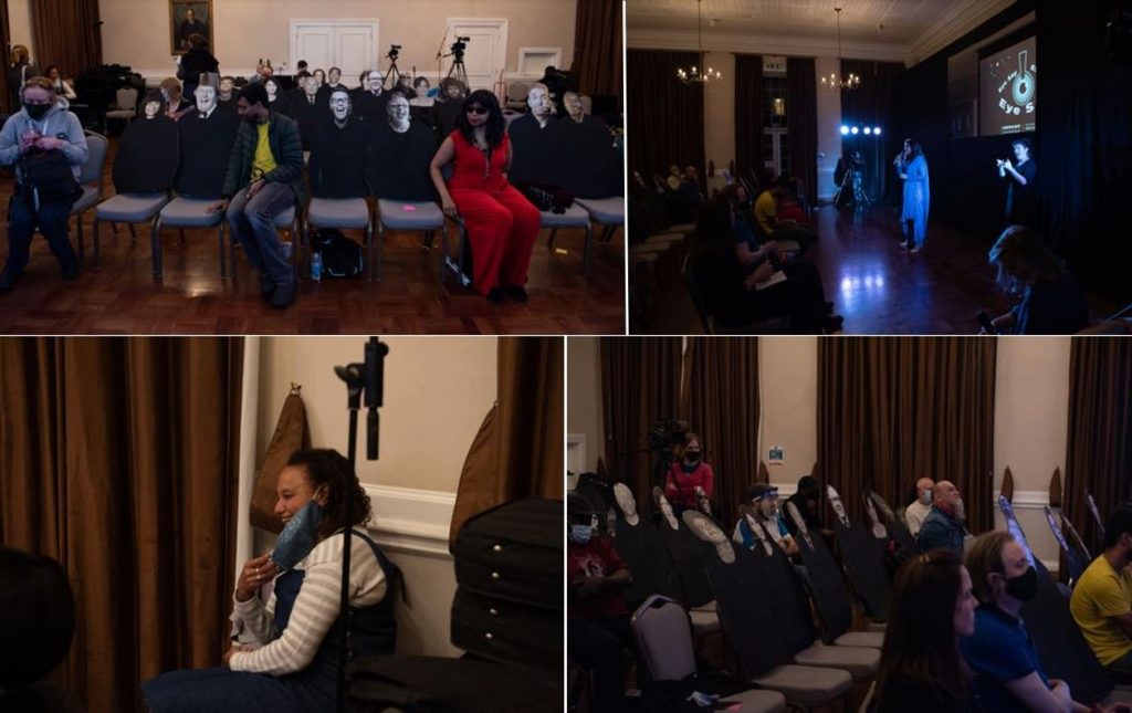 Clockwise from top left:
Stephen, Naqi and Michelle sitting on the front row of the audience, socially distanced. Between them are cardboard cutouts of famous comedians; A side view of the first two rows of the audience and the stage. Ashrafia, a woman of South Asian heritage, is talking into the microphone; A side view of socially distanced audience members sitting, some masked and with face shields, amidst cardboard cutouts of famous comedians; A side view of Maria, a woman of Nigerian heritage, sitting down. She is in the middle of putting on her mask while laughing.