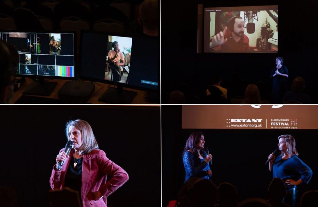 Clockwise from top left: A close up of two computers at the tech desk. On the right screen, Pingwing, a man of African or Carribean heritage appears on video; Chris, a young white man, appears on video via a projection screen. He is pointing up with his right hand and his face is slightly scrunched in thought; Ashrafia, a woman of South Asian heritage, and Georgie, a young white woman, face each other on stage talking to each other; Terry, an older white woman, talks into the microphone with a serious expression and her left hand on her hip.
