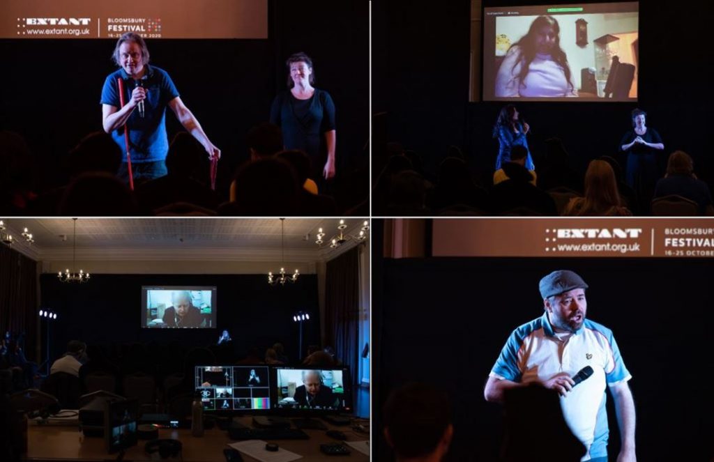 Clockwise from top left: Stephen, an older white man holds an orange cane and a short piece of rope while talking into the microphone, next to the BSL interpreter; Kirin, a woman of South Asian heritage, appears on video via a projection screen. Ashrafia, a woman of South Asian heritage stands on stage looking at the video screen talking; A close up of Steven, a middle aged white man talking with his mouth open and his microphone held diagonally across his chest; From a perspective behind the tech desk, Michael, an older white man appears via video on a projection screen. A computer on the tech desk shows the same image
