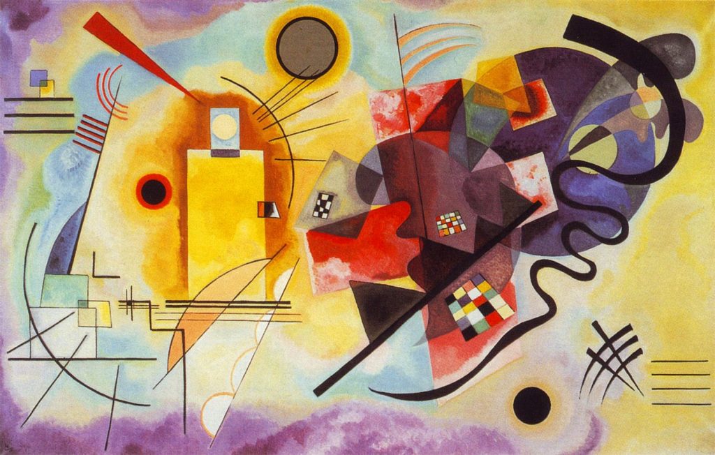 The left of the painting is a blue purple colour and towards the right it is yellow. In the centre red is prominent, in the shape of a cross. These three background colours all melt together so there are no edges. A variety of squares, circles, triangles and abstract shapes are dotted around and overlapped. There are also straight and curved black lines that go through the colours and shapes.