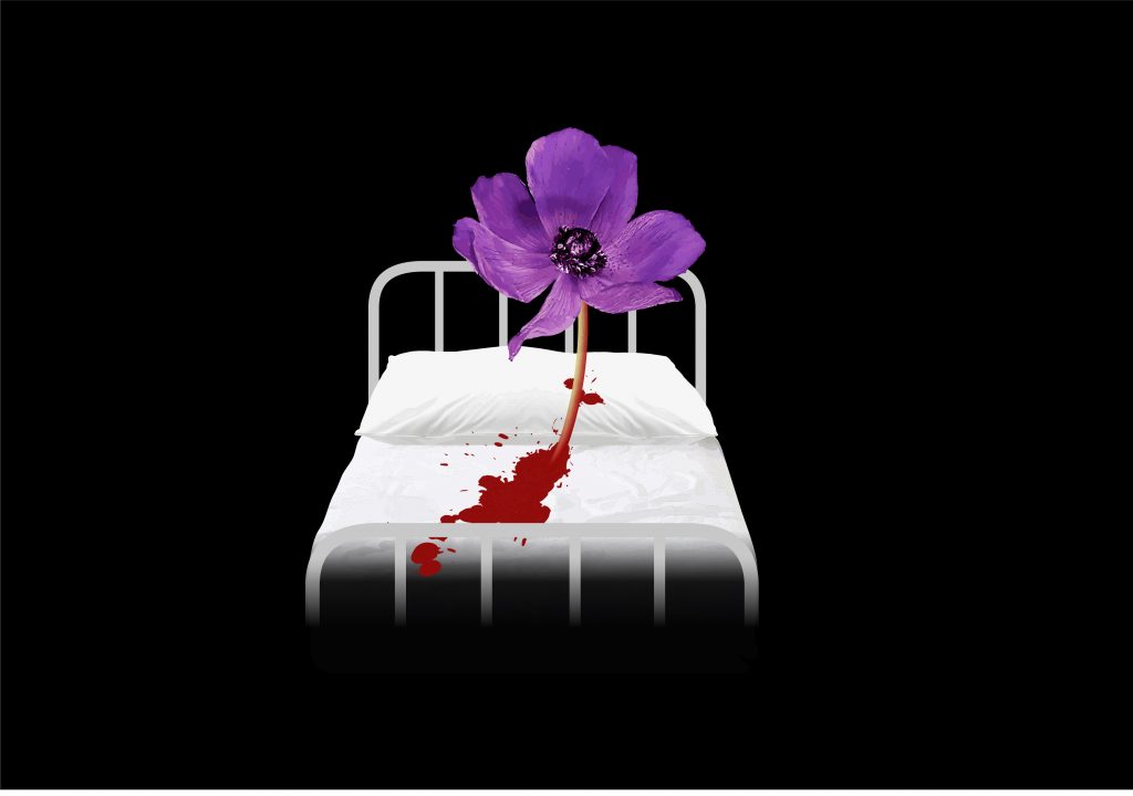 A purple flower growing out of a white hospital bed, a splatter of red blood on its sheets. The background of the image is all black.