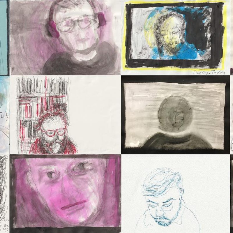 A grid of 12 tiny coloured ink drawings of Directors and tutors on Zoom, landscape format. This composite set of drawings is set out in a gallery style to mimic the Zoom screen. There are also two blank tiles, one showing the person icon for someone who has their video turned off