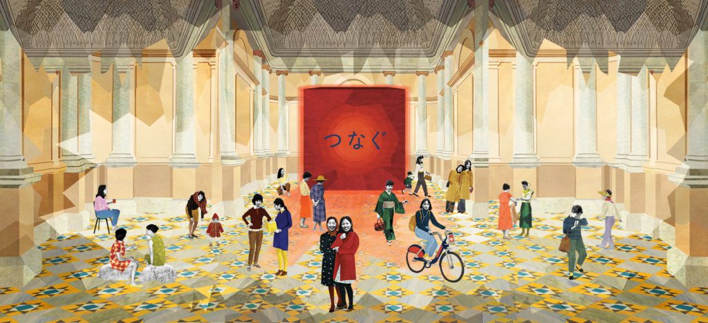 Banner for Tsunagu/Connect Live. A colourful drawing of the interior of a grand hall. Inside the hall, groups of women doing various activities such as walking, chatting, drinking tea, playing with children, and cycling.