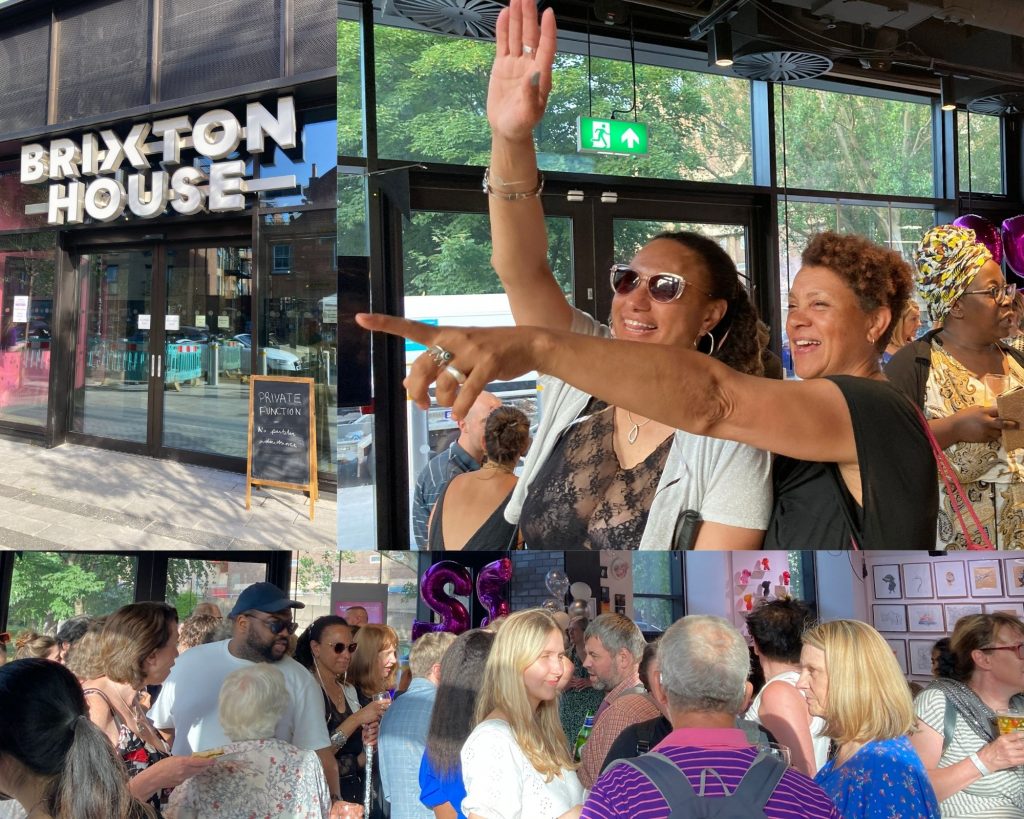A composite image containing three photos taken at Extant's 25th anniversary celebrations. Top Left: Doors of Brixton House from outside with sign that reads PRIVATE FUNCTION.  Top Right: Maria and another woman waving, pointing, and smiling.  Bottom: Big crowd of people in foyer, purple balloons in the shape of 25 in background.