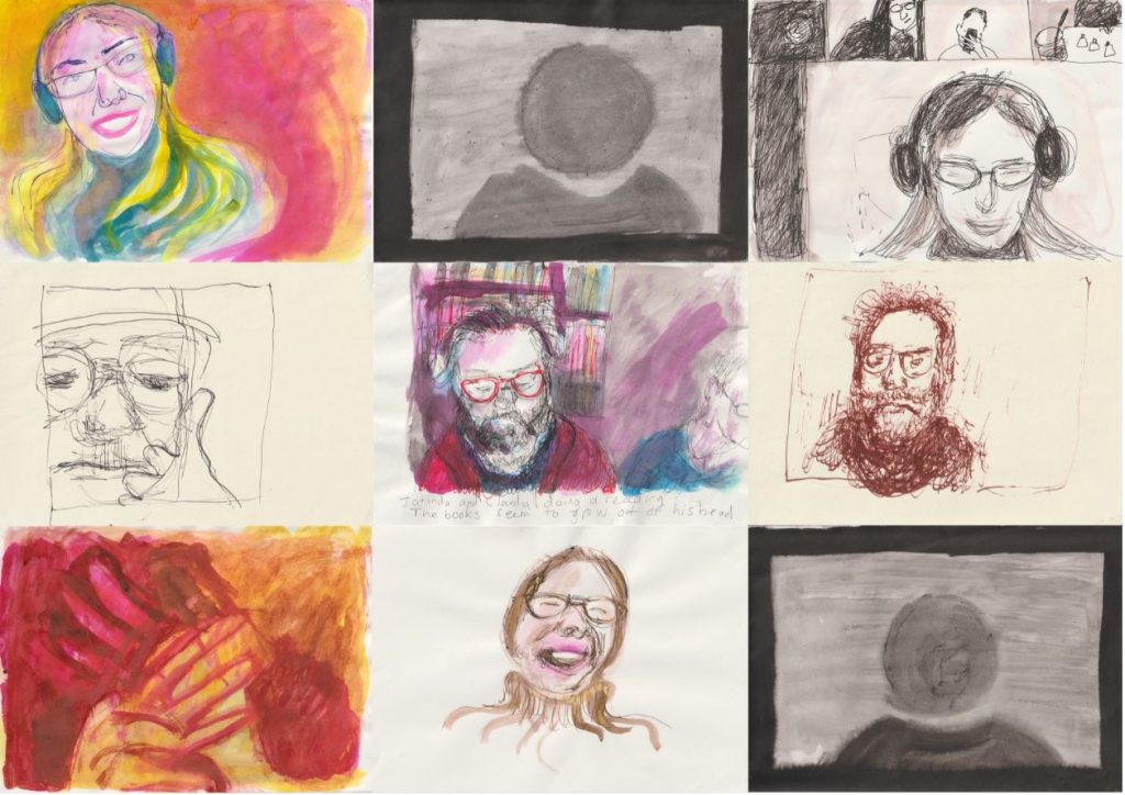 Nine drawings by Sally Booth of a zoom screen, nine windows arranged in a grid with a face in each