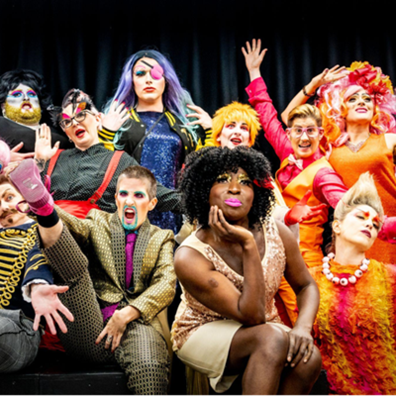 A group of drag performers look out beyond the camera. Their expressions and poses are varied: some are smiling, some pouting, some laughing, some with arms and legs out, some posing with their hands to their face. They wear bright colours and unique outfits.
