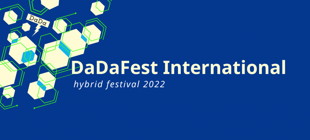 DaDaFest International 2022 logo. Blue background with geometric shapes outlined in cream, light blue and lime green on the left. Text om right reads ‘DaDaFest International hybrid festival 2022’