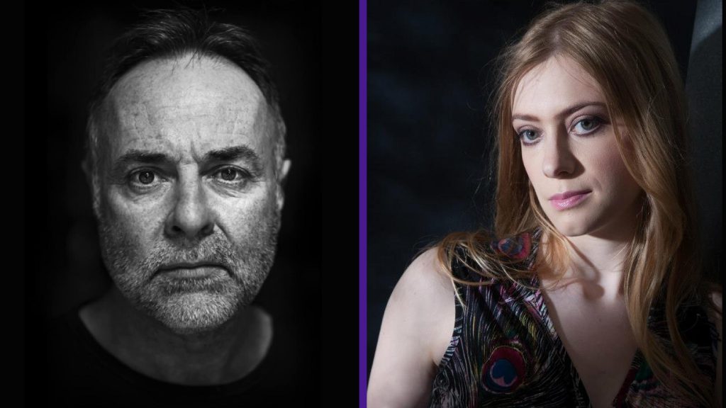 Two images separated by a purple line: 1. A black and white photo of Gerard McDermott’s face against a dark background. He’s a white man with stubble and short dark hair. 
2. A photo of Amy Bethan Evans, a white woman with long strawberry blonde hair leaning against a wall with a dark background. She wears a v-neck sleeveless top with peacock print.
