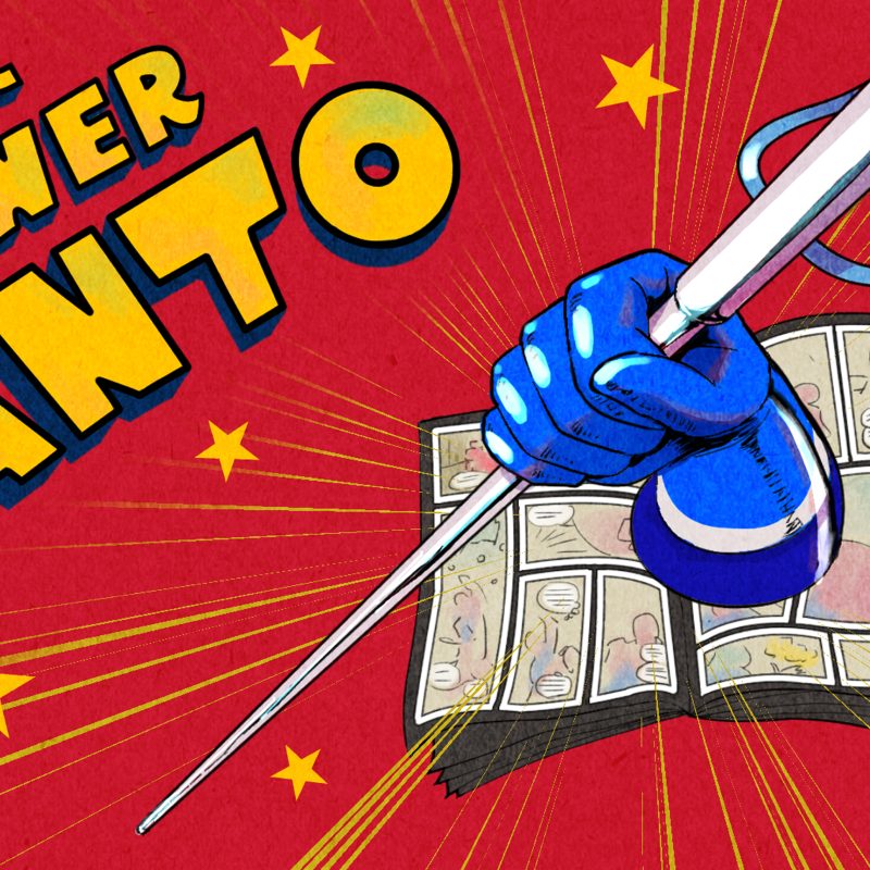 Super Power Panto Logo: In a comic book style, a blue gloved hand bursts out from the pages of a comic book, holding a white cane. Yellow action lines and stars surround it, flying out from the centre of the image. Slanted across the top left of the image the words 'Super Power Panto' are written in yellow blocky cartoon text, outlined in black and with a blue drop shadow. All of this is in front of a deep red background