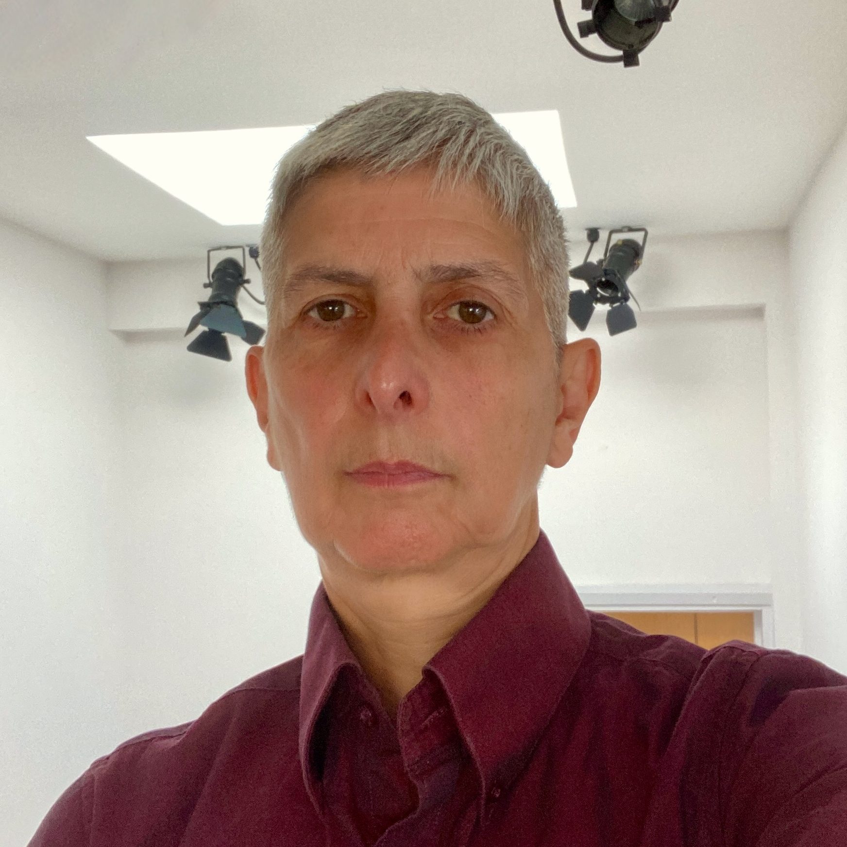 A headshot of Crin Claxton, Crin is a white woman with short grey hair and brown eyes wearing a burgundy shirt and staring stright into the camera.