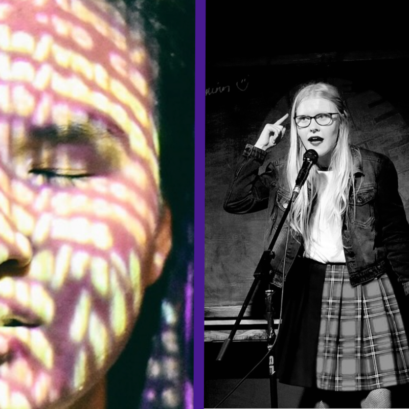Two photos side by side separated by a purple line. On the left is a close shot of the face of Jasmine Thien (an East Asian woman in her mid-20s). Her eyes are closed and patterns of dappled light are cast across her face. The other image is a black and white photo of Helena Ascough (a white, blonde-haired woman in her mid-20s). She stands speaking animatedly into a microphone in a stand, with her right hand pointing toward her head. She wears a denim jacket, a tartan skirt, a white t-shirt and glasses.