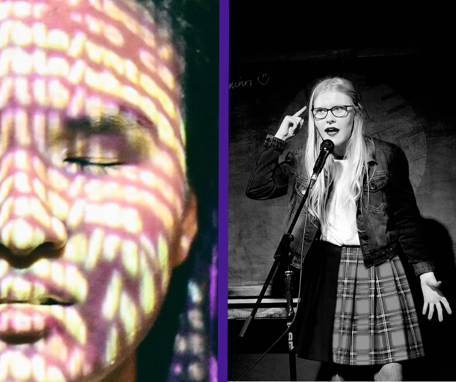 Two photos side by side separated by a purple line. On the left is a close shot of the face of Jasmine Thien (an East Asian woman in her mid-20s). Her eyes are closed and patterns of dappled light are cast across her face. The other image is a black and white photo of Helena Ascough (a white, blonde-haired woman in her mid-20s). She stands speaking animatedly into a microphone in a stand, with her right hand pointing toward her head. She wears a denim jacket, a tartan skirt, a white t-shirt and glasses.