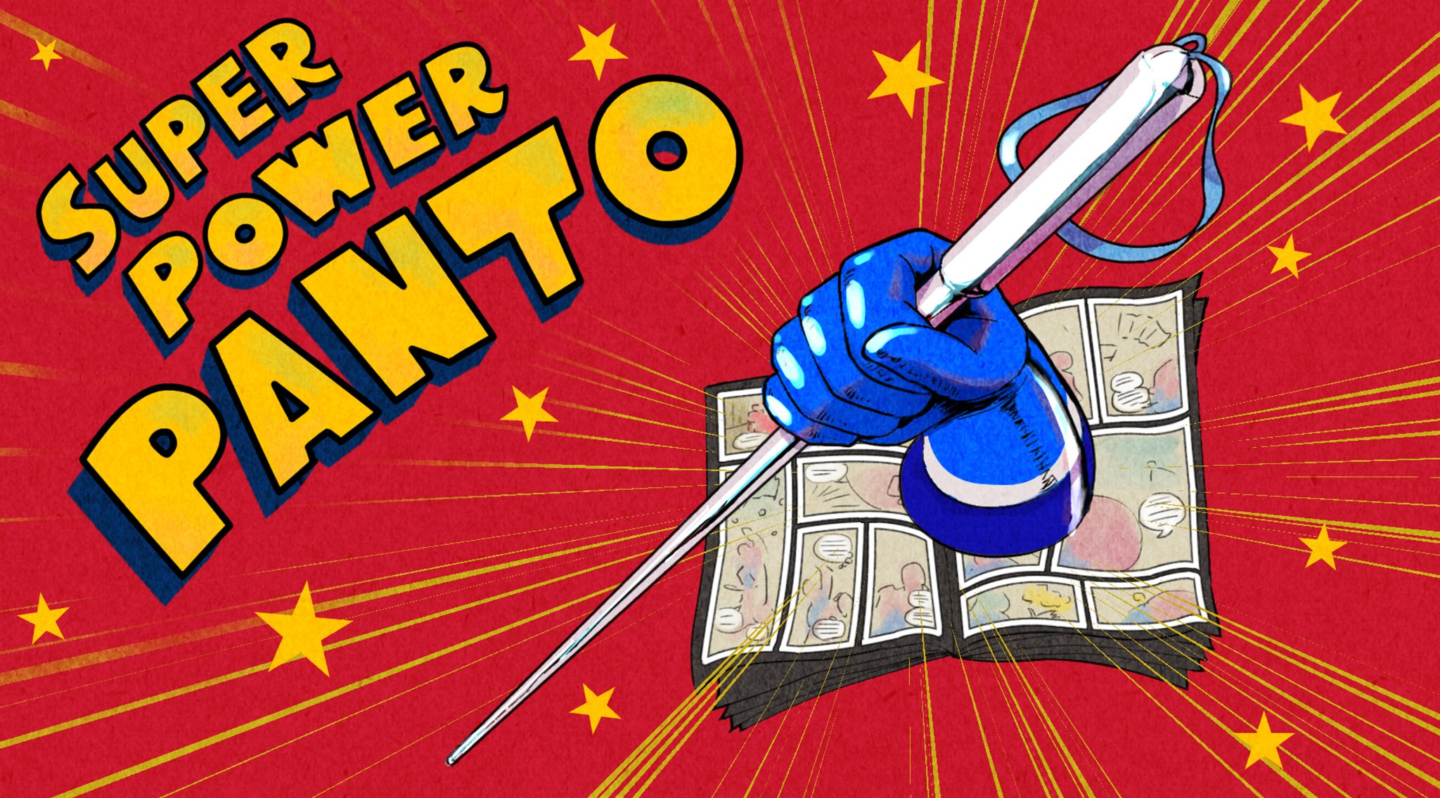 Super Power Panto Logo: In a comic book style, a blue gloved hand bursts out from the pages of a comic book, holding a white cane. Yellow action lines and stars surround it, flying out from the centre of the image. Slanted across the top left of the image the words 'Super Power Panto' are written in yellow blocky cartoon text, outlined in black and with a blue drop shadow. All of this is in front of a deep red background.
