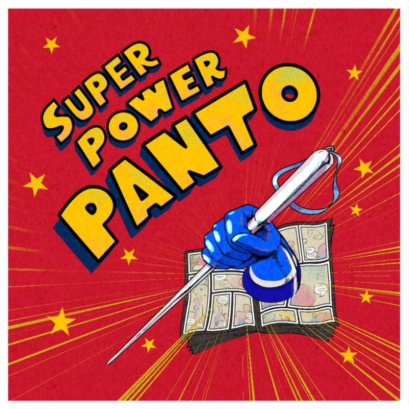 Super Power Panto Logo: In a comic book style, a blue gloved hand bursts out from the pages of a comic book, holding a white cane. Yellow action lines and stars surround it, flying out from the centre of the image. Slanted across the top left of the image the words 'Super Power Panto' are written in yellow blocky cartoon text, outlined in black and with a blue drop shadow. All of this is in front of a deep red background.