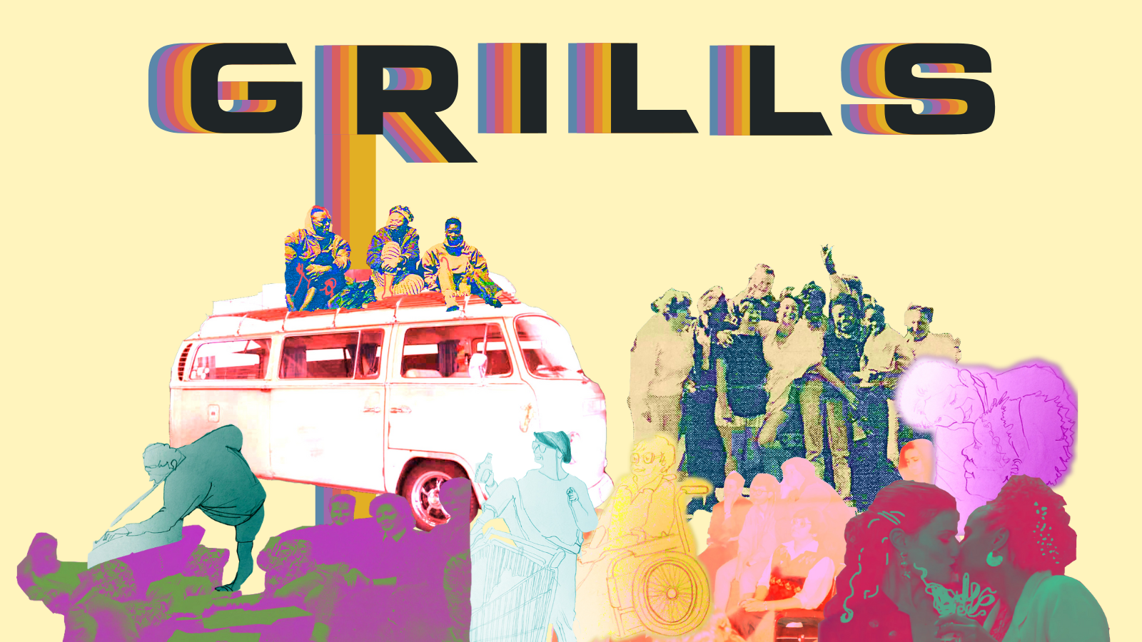 GRILLS written in black capital letters with rainbow shadows on a pale yellow background. Beneath this is a collage of images from the archives of queer women and hand-drawn images of women embracing and loving life. Artwork by Jhinuk Sarkar.