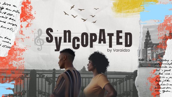 A landscape banner. A man and woman stare into the distance. In front of them are gates with locks attached and a river. The banner displays birds in the distance and writing scattered over pages. Black text, which reads 'Syncopated' and 'By Varaidzo' is displayed and a treble clef symbol.