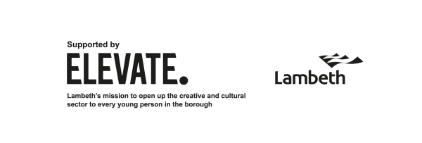 Lambeth's Elevate logo. Text, which reads 'Supported by Elevate. Lambeth's mission to open up the creative and cultural sector to every young person in the borough'