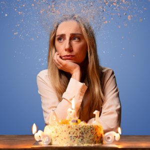 A blonde white woman places her hand on her chin and looks into the distance. Emerging from her head a smattering of small textural dots. On the table in front of her is a birthday cake with different numbered candles attached to the cake a light. 