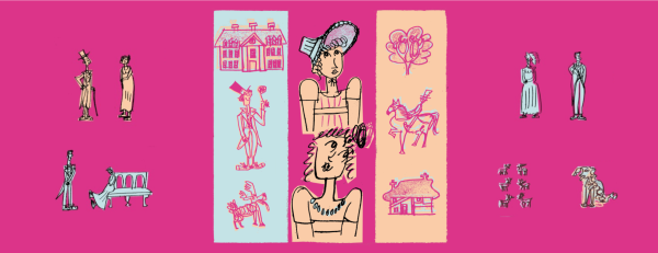 A landscape view of different small scale illustrative drawings of period figures, such as a man on a horse, a man holding flowers and a woman posing in a dress. The background is pink and there are sections of blue and peach strips.