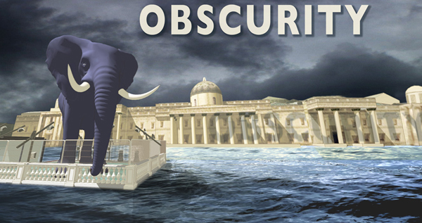 A composite image of an elephant towering behind the balustrade of Trafalgar Square, through which cascading water flows