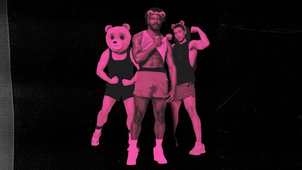 On a black background, three figures coloured in pink. To the left, a person wears a bear mask, in the middle a person wears bear ears and holds thier shirt up revealing a six pack and to the right a person wears bear ears and shows off their muscles.