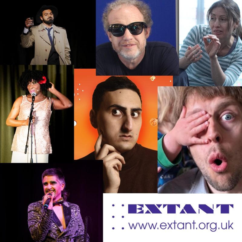 A collage of 7 visually impaired artists arranged in a variety of differently sized square and rectangle shapes. Featuring the purple Extant logo on a white background at the bottom left.