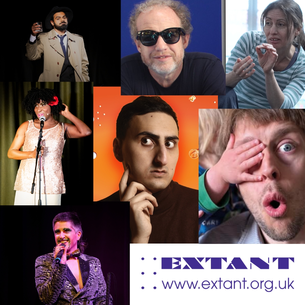A collage of 7 visually impaired artists arranged in a variety of differently sized square and rectangle shapes. Featuring the purple Extant logo on a white background at the bottom left.