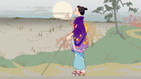 A digitally animated drawing of a blind Japanese woman walking in an open landscape. She is in side profile, wearing a purple and light blue kimono patterned with orange flowers, and holding a stick. The background is shaded in muted browns and greens, and a pale yellow sun looms in the horizon. 