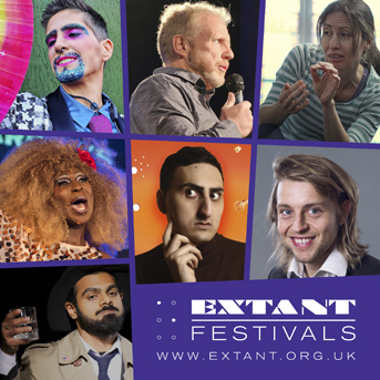 A 3x3 grid with off-kilter white sloping lines forming trapezoids rather than squares within the grid. From top left the images are: Aarian Mehrabani’s face against an orange background, Neil Skene in profile speaking into a microphone, Holly Thomas crouching with hands raised, Ebony Rose Dark in a huge wig mouth wide, Tito Bone fanning themselves with a rainbow fan, Tom Skelton smiling widely, Shashank Sharma in a trenchcoat raising a glass, and then in the bottom right a logo with the text Extant Festivals in white against a purple background. 
