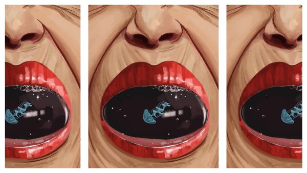 An up close picture of three screaming duplicate faces with wrinkles and red lips. Inside the mouths are a small jellyfish.