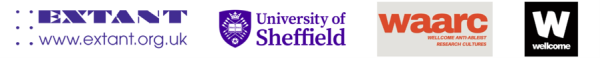 A row of 4 logos. A Purple Extant logo with braille writing on a white background. A Purple University of Sheffield logo on a white background, a Red Wellcome Anti-Ableist Research Cultures logo on a grey background and white Wellcome logo on a black background. 